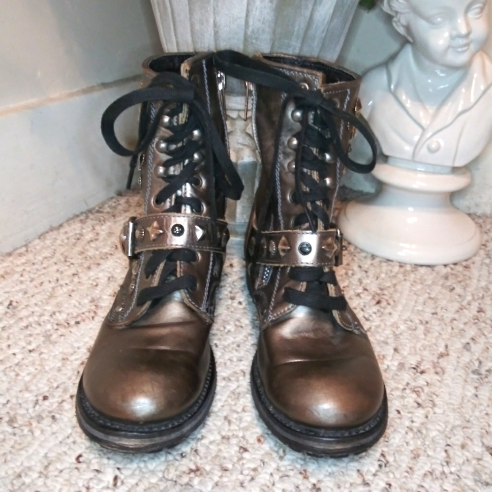 ASH Ryhanna Silver & Rhinestone Studded Distressed Pewter Leather Combat Boots - Picture 3 of 11